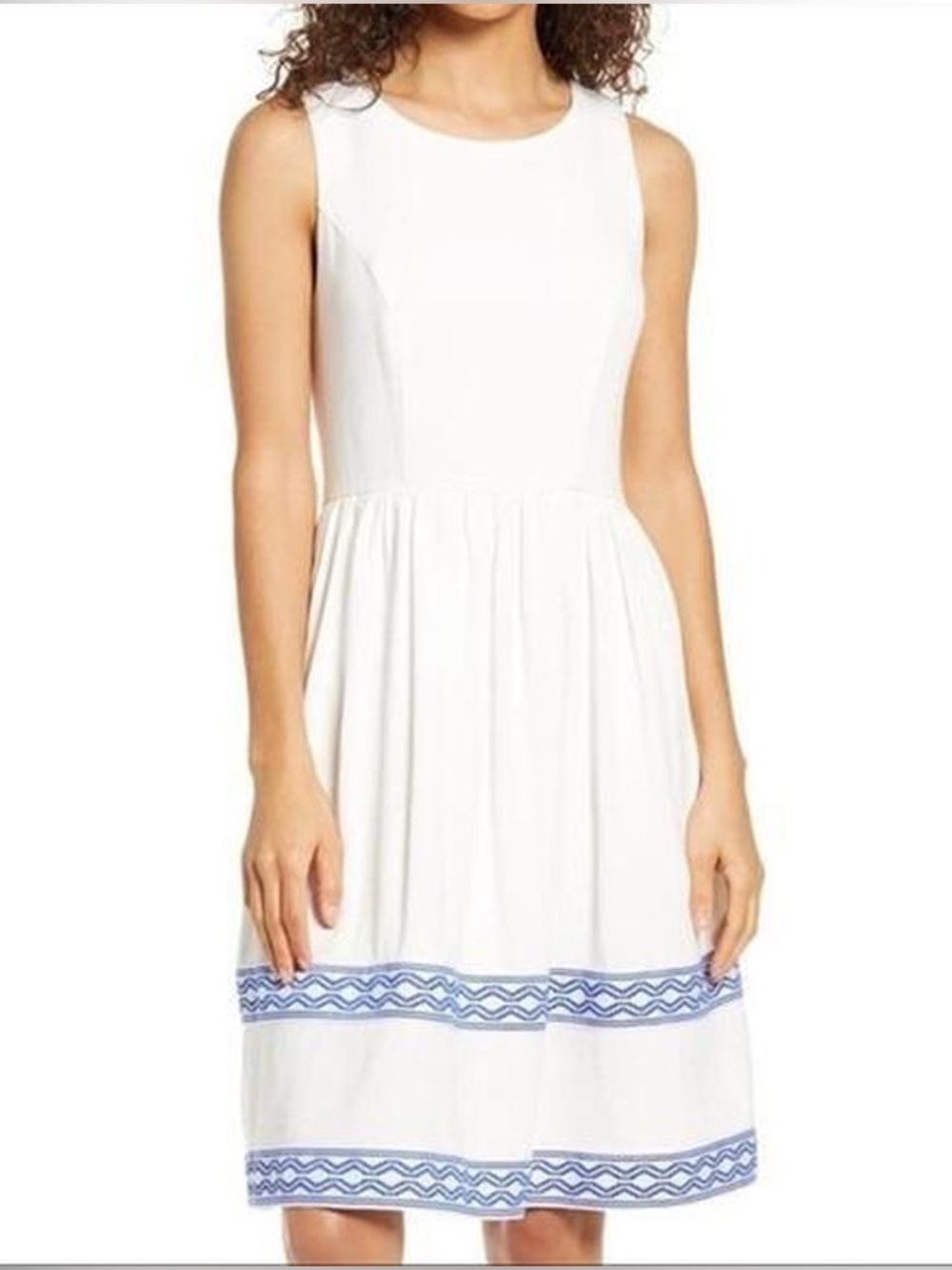 Sleeveless Linen White Mini Dress with Blue Trim